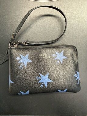 Coach Black Leather Wristlet with Light Blue Star Motif